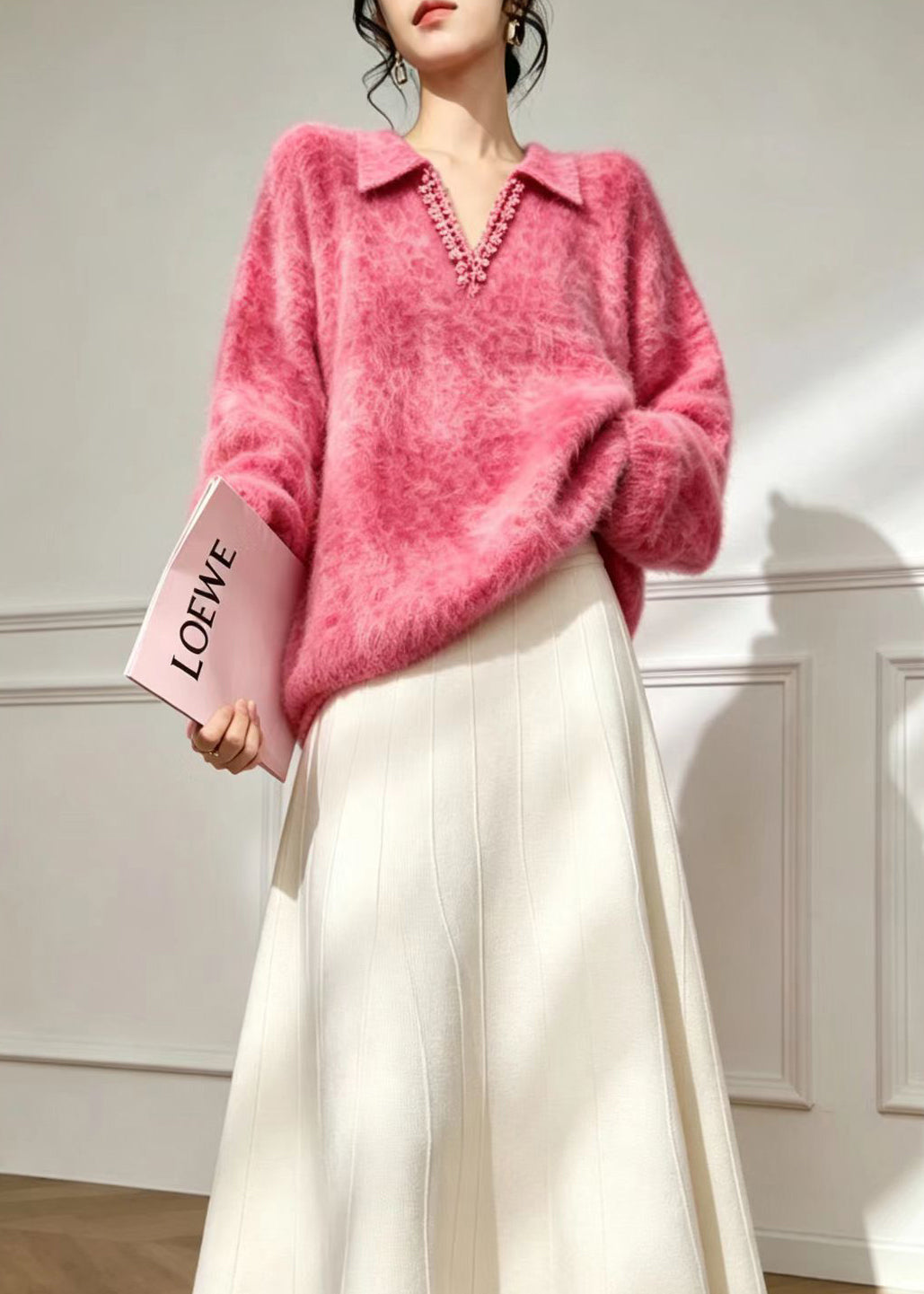 Simple Rose Polo V Neck Lace Trim Imitation Mohair Sweater Fall