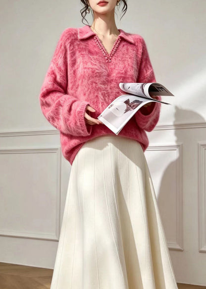 Simple Rose Polo V Neck Lace Trim Imitation Mohair Sweater Fall