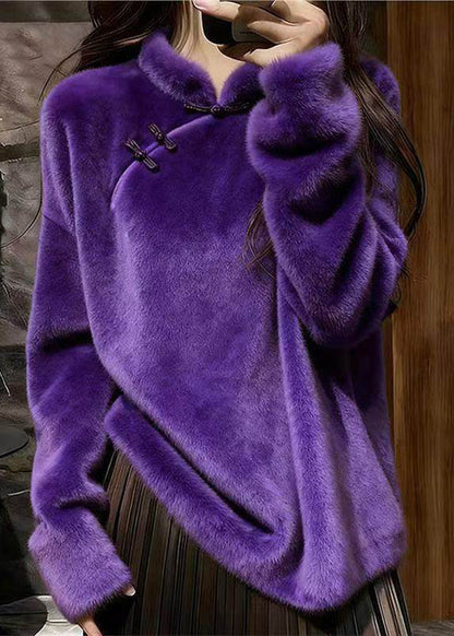 Simple Rose Stand Collar Chinese Button Mink Velvet Sweaters