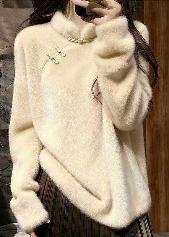 Simple Rose Stand Collar Chinese Button Mink Velvet Sweaters