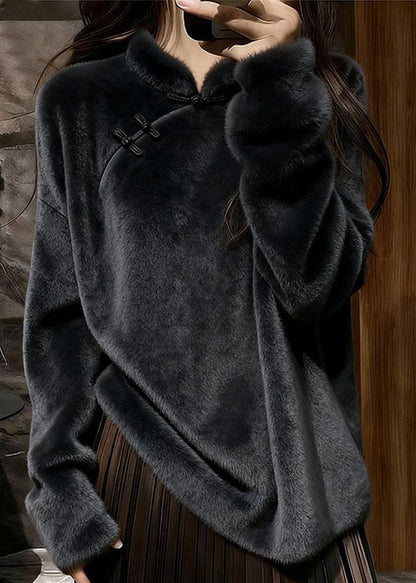 Simple Rose Stand Collar Chinese Button Mink Velvet Sweaters
