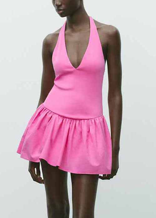 Simple Rose V Neck Lace Up Cotton Mini Dresses Sleeveless