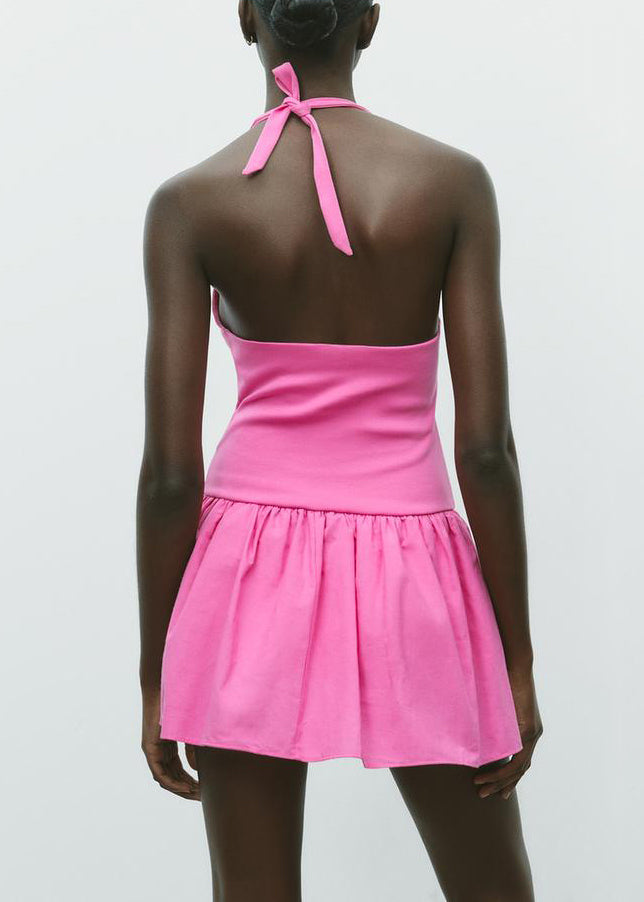 Simple Rose V Neck Lace Up Cotton Mini Dresses Sleeveless