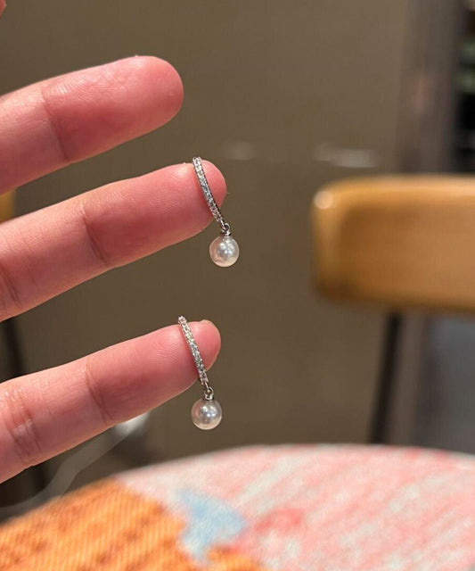 Simple Silk Strergild Silver Zircon Pearl Hoop Earrings