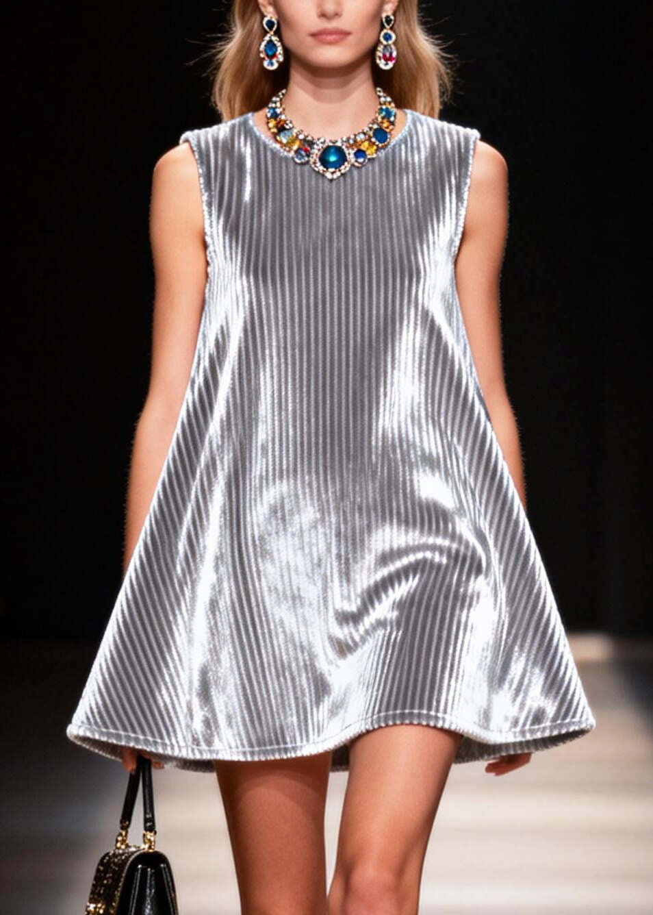 Simple Silvery O-Neck Corduroy A Line Dress Sleeveless