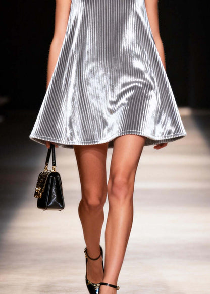 Simple Silvery O-Neck Corduroy A Line Dress Sleeveless