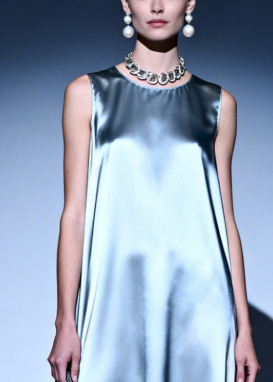 Simple Silvery Oversized Lace Patchwork Silk Ankle Dress Sleeveless
