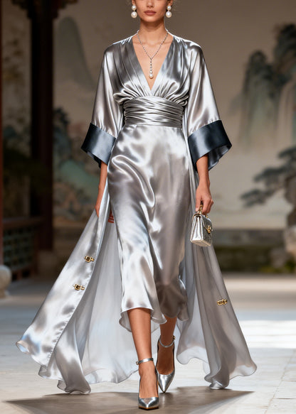 Simple Silvery Tunic Exra Large Hem Silk Party Dress Summer