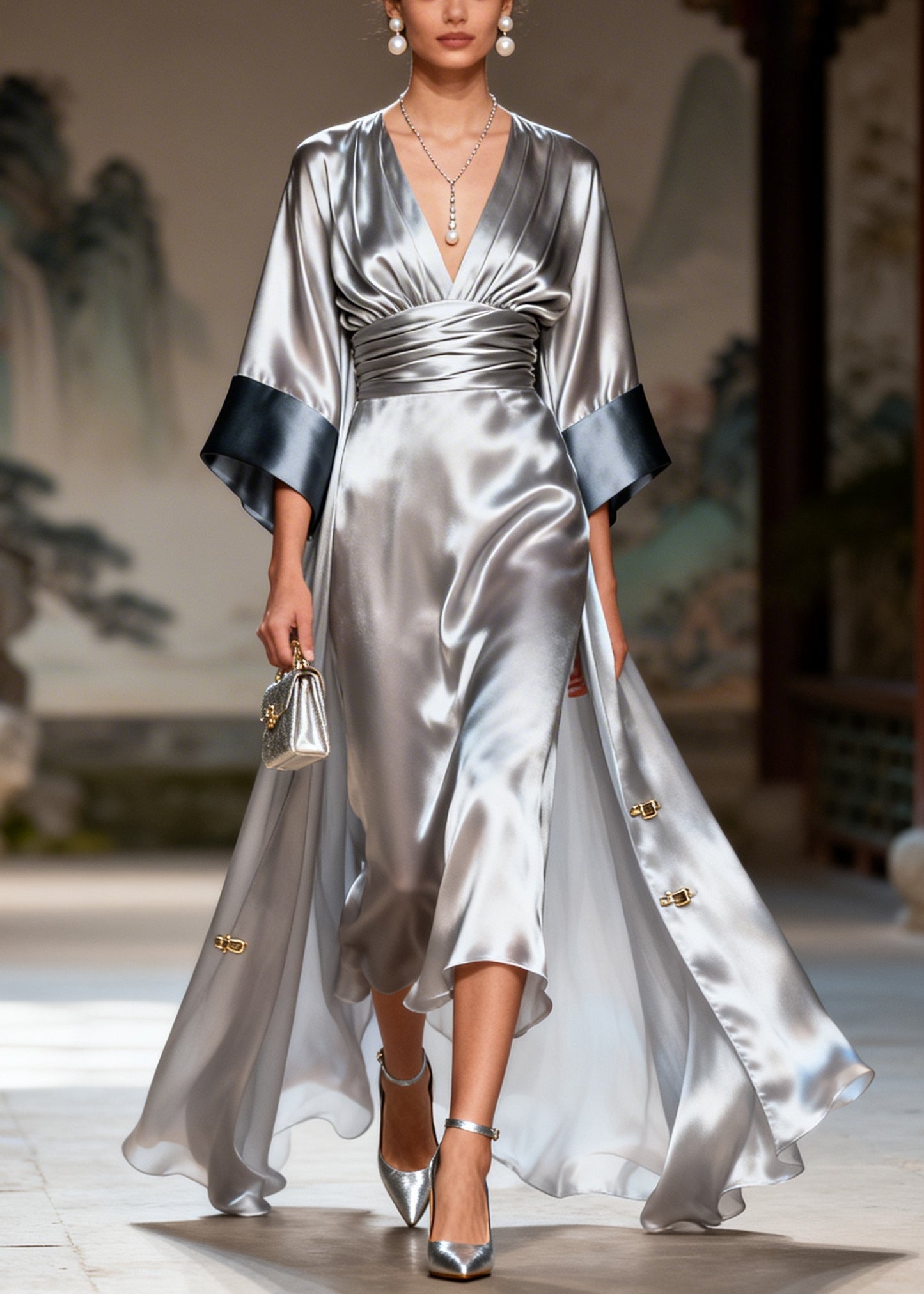 Simple Silvery Tunic Exra Large Hem Silk Party Dress Summer