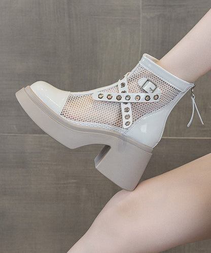 Simple Splicing Chunky Boots White Faux Leather
