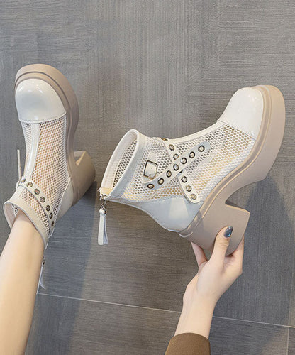 Simple Splicing Chunky Boots White Faux Leather