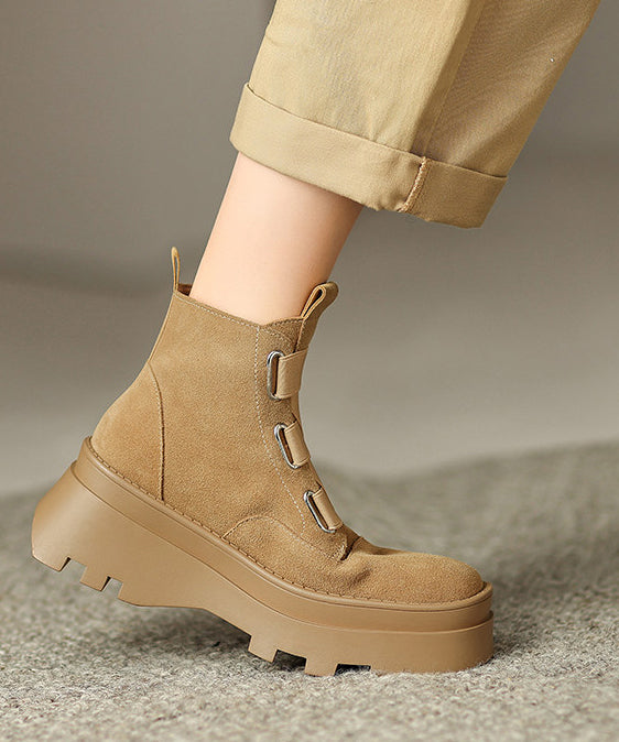 Simple Splicing Platform Boots Brown Suede Cross Strap