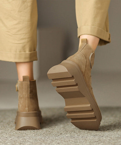 Simple Splicing Platform Boots Brown Suede Cross Strap