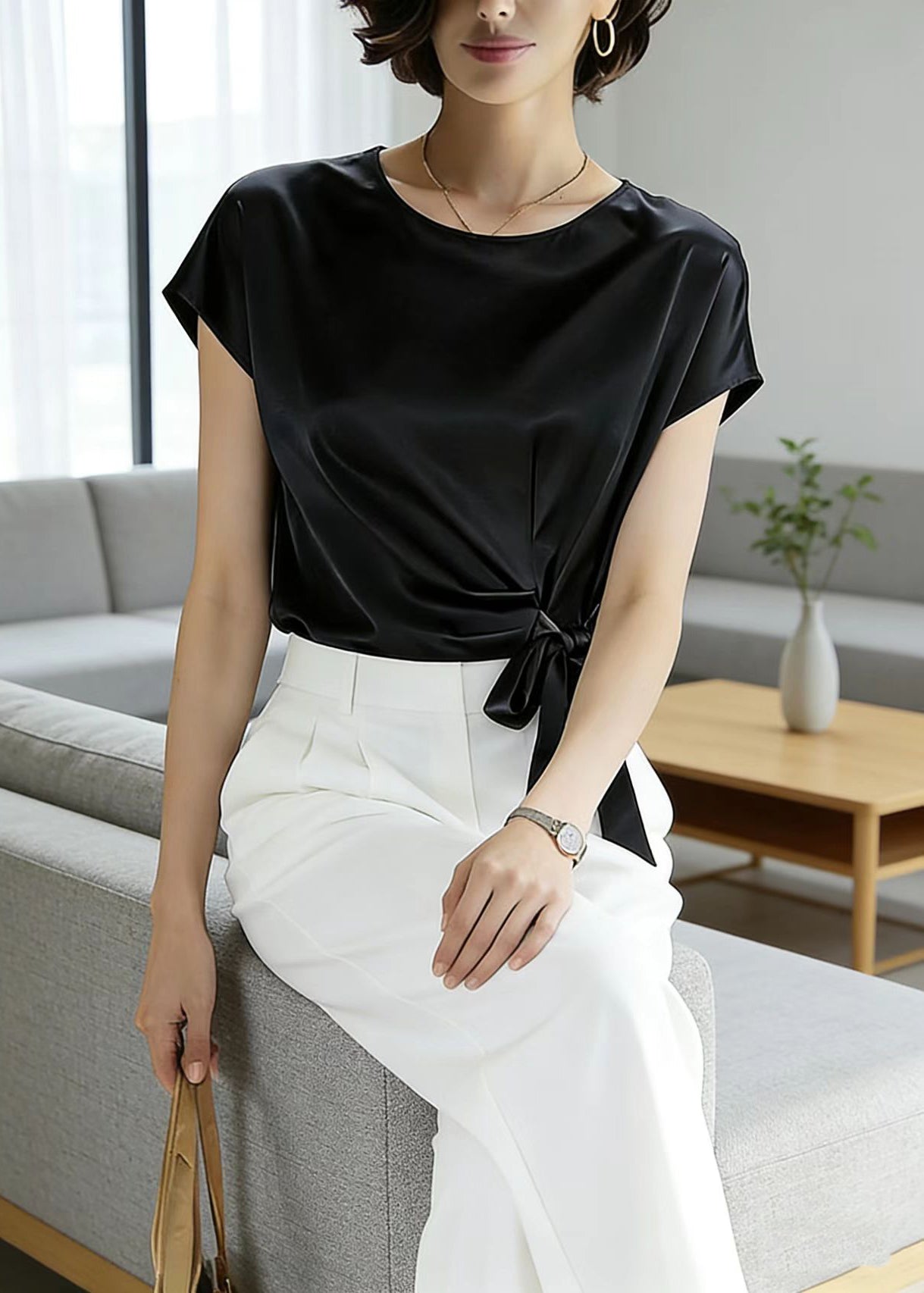 Simple Style Black O Neck Lace Up Silk Tops Summer