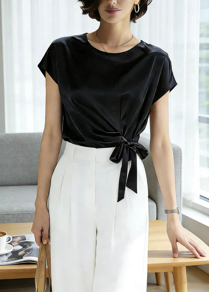 Simple Style Black O Neck Lace Up Silk Tops Summer