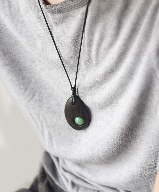 Simple Style Handmade Inlaid Jade Wooden Neutral Pendant Necklace