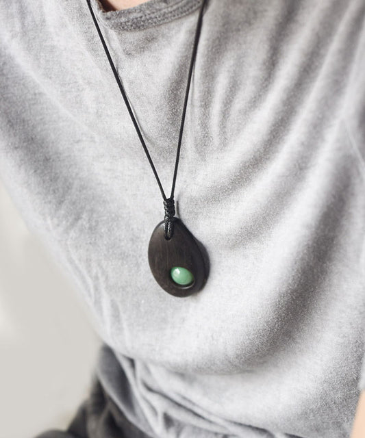 Simple Style Handmade Inlaid Jade Wooden Neutral Pendant Necklace