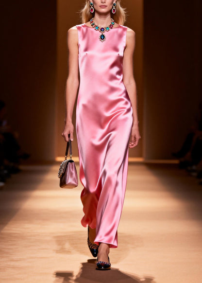 Simple Style Pink O Neck Silk Ankle Dress Sleeveless