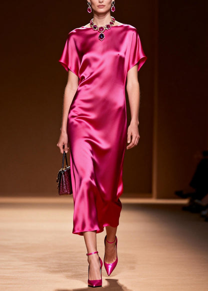 Simple Style Rose O Neck Silk Long Dress Summer
