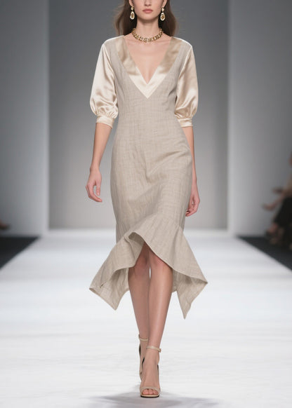 Simple Style V Neck Patchwork Linen Silk Dress Summer