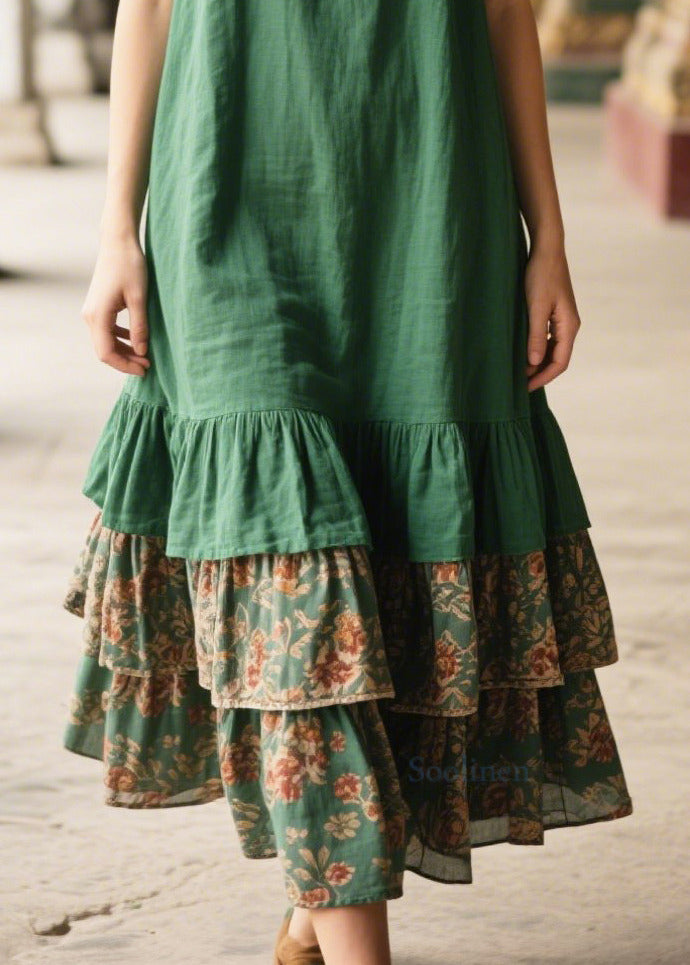 Simple Tea Green Oversized Patchwork Linen Mini Dress Summer