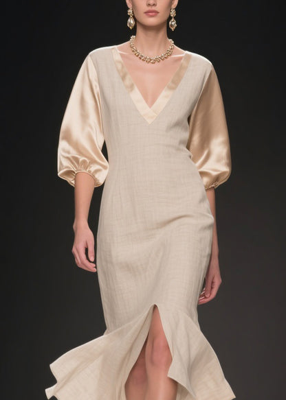 Simple V Neck Side Open Patchwork Linen Silk Dress Summer
