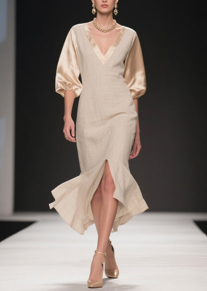 Simple V Neck Side Open Patchwork Linen Silk Dress Summer