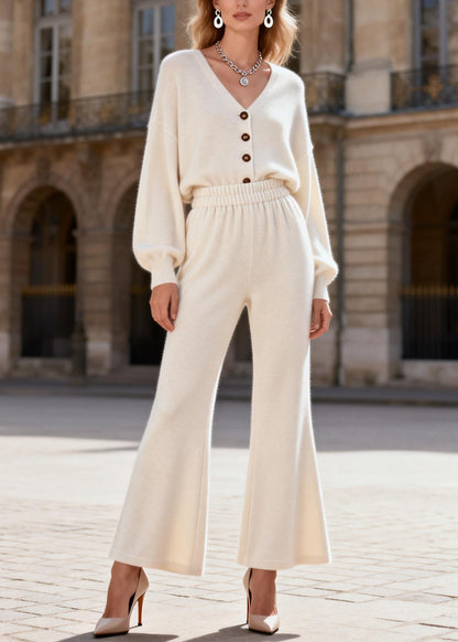 Simple V Neck Top And Pants Knit Women Sets 2 Pieces Spring
