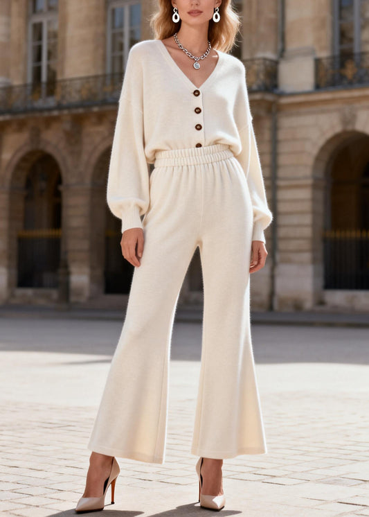 Simple V Neck Top And Pants Knit Women Sets 2 Pieces Spring