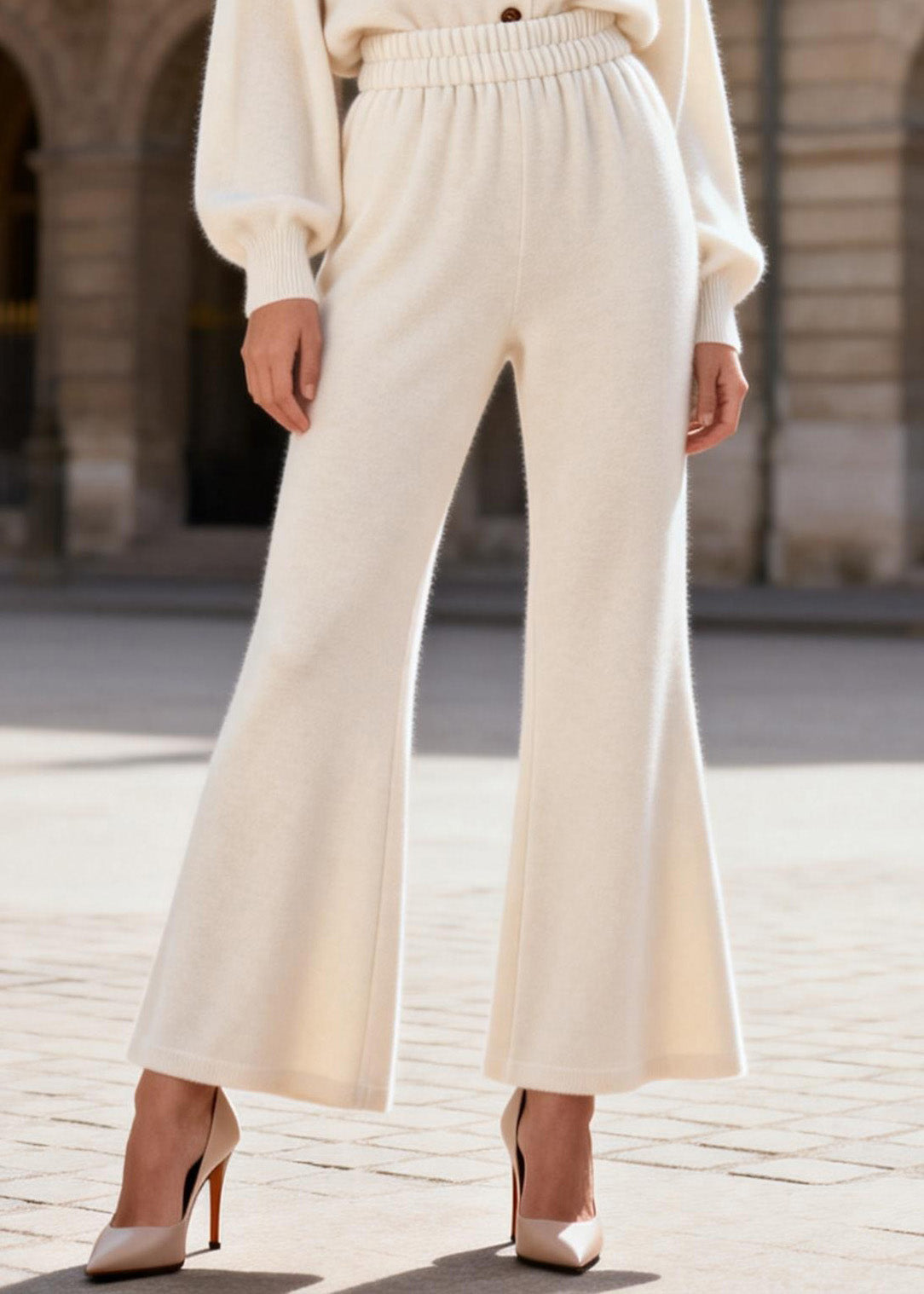 Simple V Neck Top And Pants Knit Women Sets 2 Pieces Spring