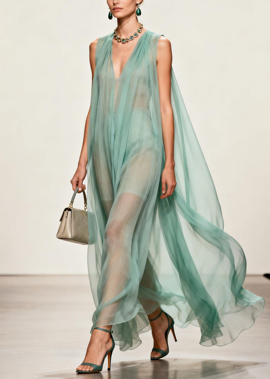 Simple V Neck Wrinkled Chiffon Long Dress Sleeveless
