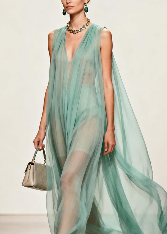 Simple V Neck Wrinkled Chiffon Long Dress Sleeveless