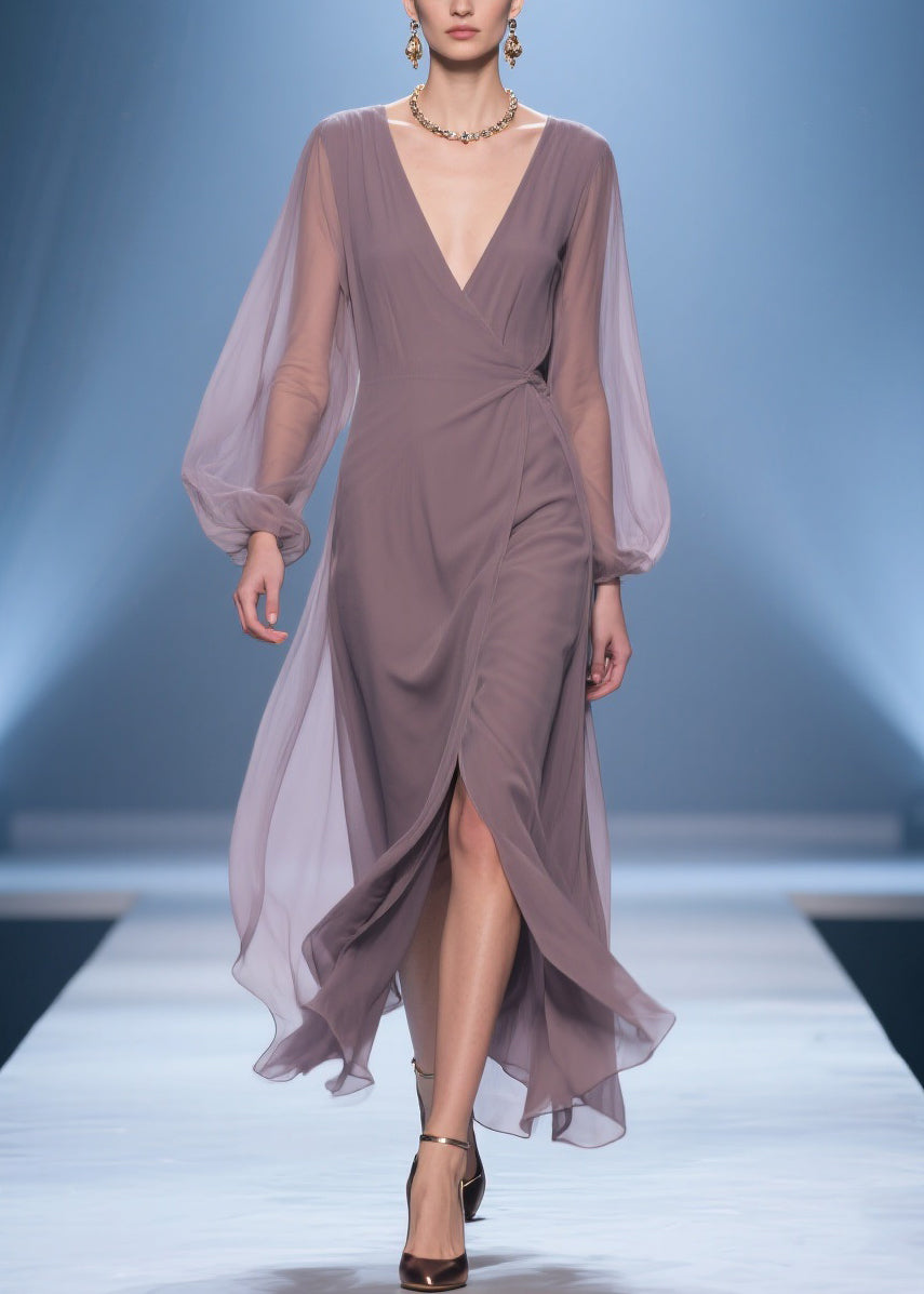 Simple V Neck Wrinkled Side Open Chiffon Long Dresses Spring