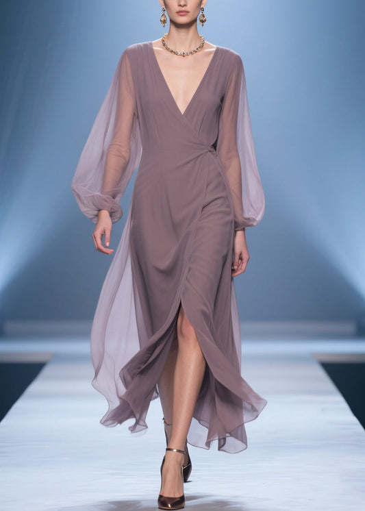 Simple V Neck Wrinkled Side Open Chiffon Long Dresses Spring