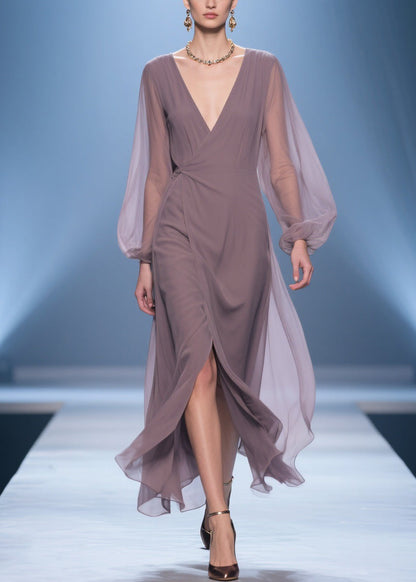 Simple V Neck Wrinkled Side Open Chiffon Long Dresses Spring