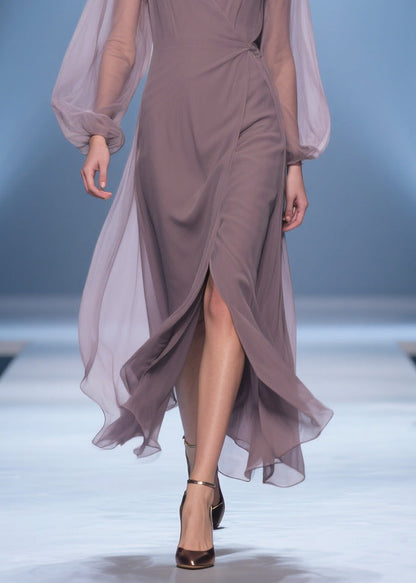 Simple V Neck Wrinkled Side Open Chiffon Long Dresses Spring