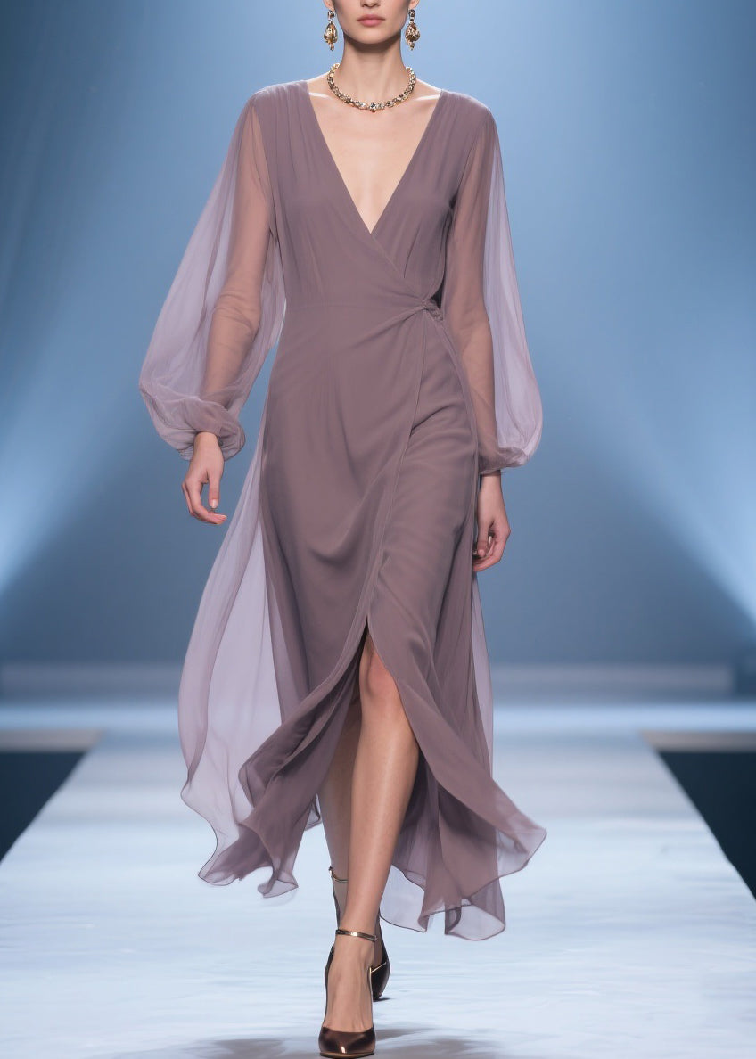 Simple V Neck Wrinkled Side Open Chiffon Long Dresses Spring