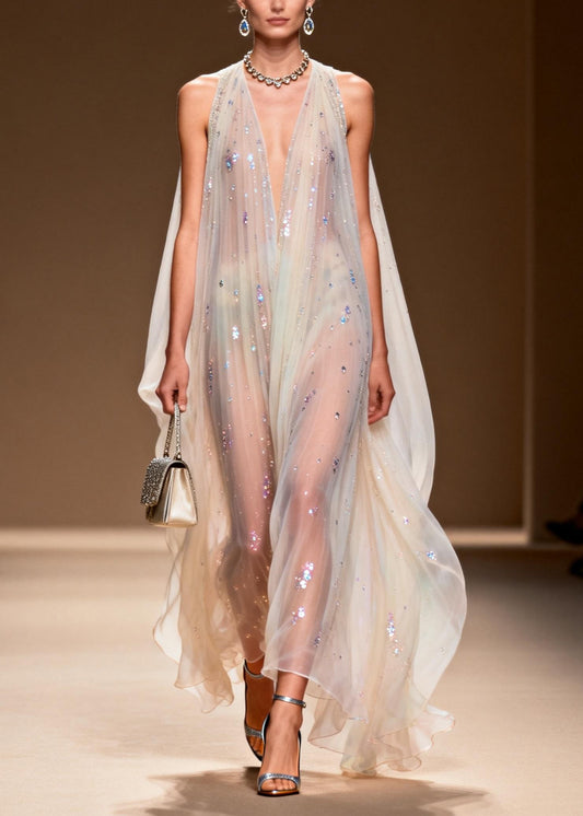 Simple V Neck Zircon Patchwork Chiffon Long Dress Sleeveless