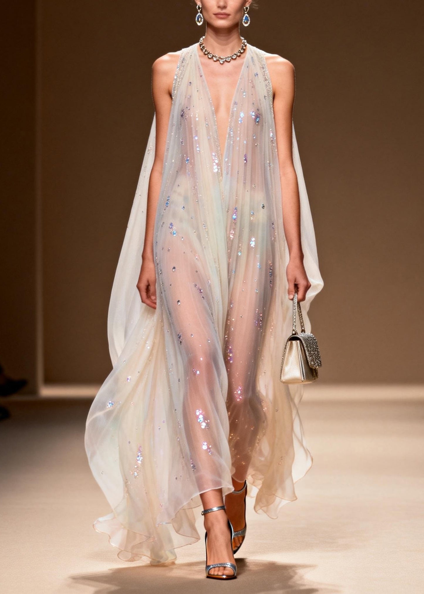 Simple V Neck Zircon Patchwork Chiffon Long Dress Sleeveless
