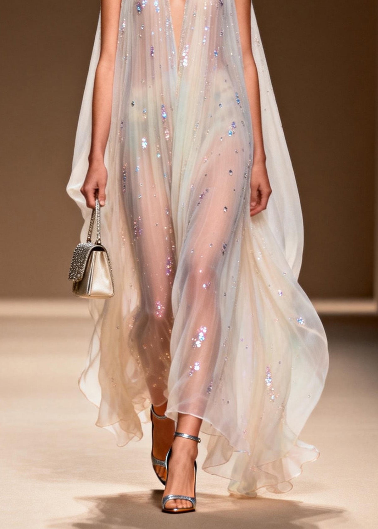 Simple V Neck Zircon Patchwork Chiffon Long Dress Sleeveless