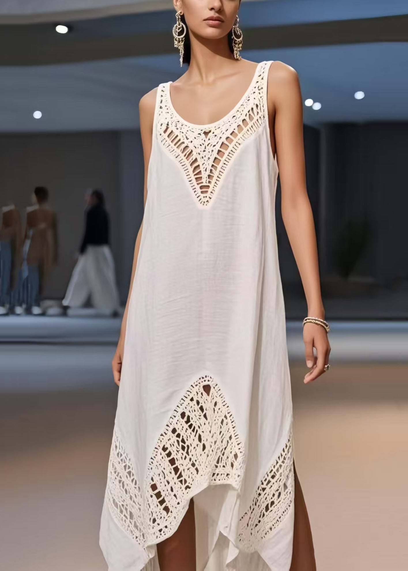 Simple White Asymmetrical Patchwork Hollow Out Sundress Summer
