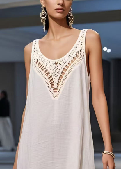 Simple White Asymmetrical Patchwork Hollow Out Sundress Summer