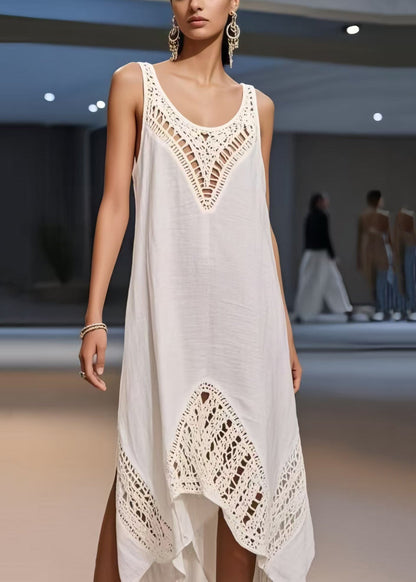 Simple White Asymmetrical Patchwork Hollow Out Sundress Summer