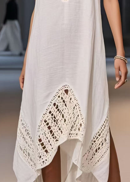 Simple White Asymmetrical Patchwork Hollow Out Sundress Summer