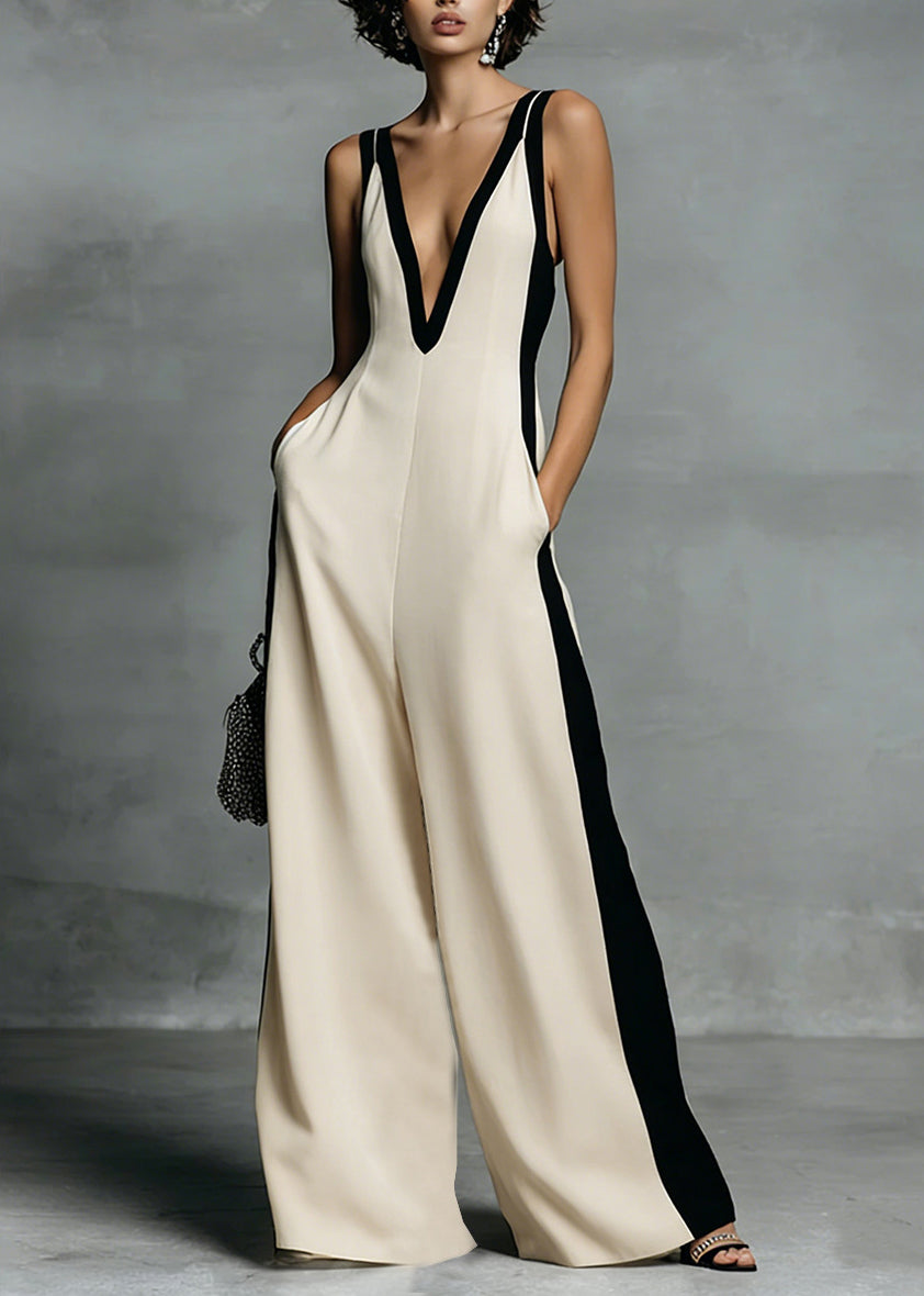 Simple White Deep-V Neck Striped Cotton Jumpsuits Summer