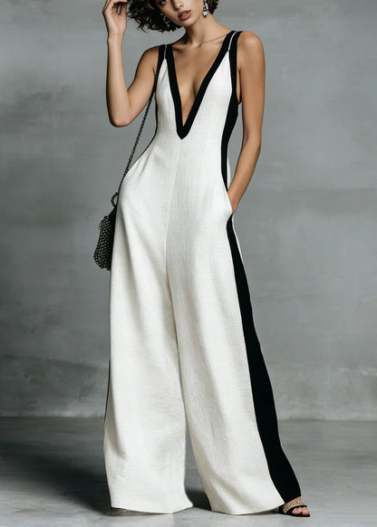 Simple White Deep-V Neck Striped Cotton Jumpsuits Summer