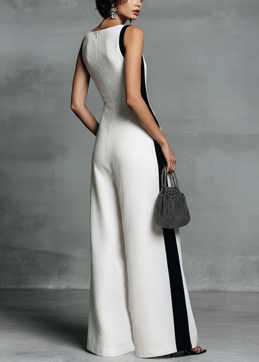 Simple White Deep-V Neck Striped Cotton Jumpsuits Summer