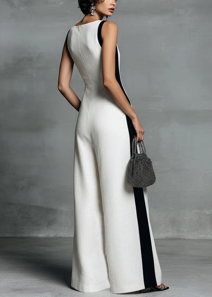 Simple White Deep-V Neck Striped Cotton Jumpsuits Summer