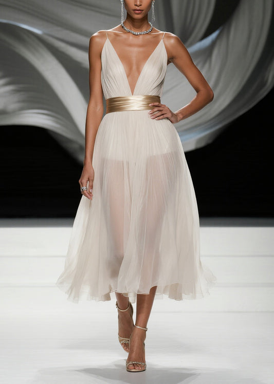 Simple White Deep-V Neck Tulle Tunic Beach Dress Summer