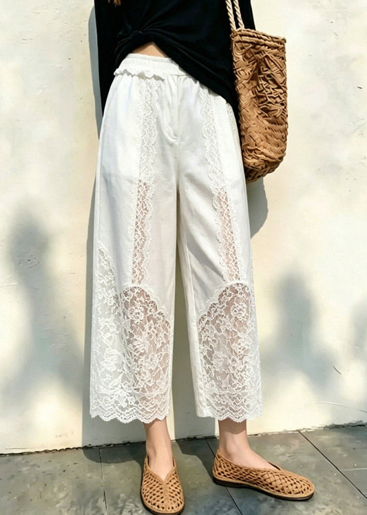 Simple White Elastic Waist Crop Pants Lace Patchwork Fall